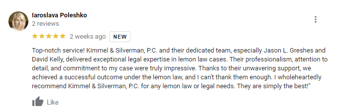 A review left for Kimmel & Silverman for their lemon law legal representation services